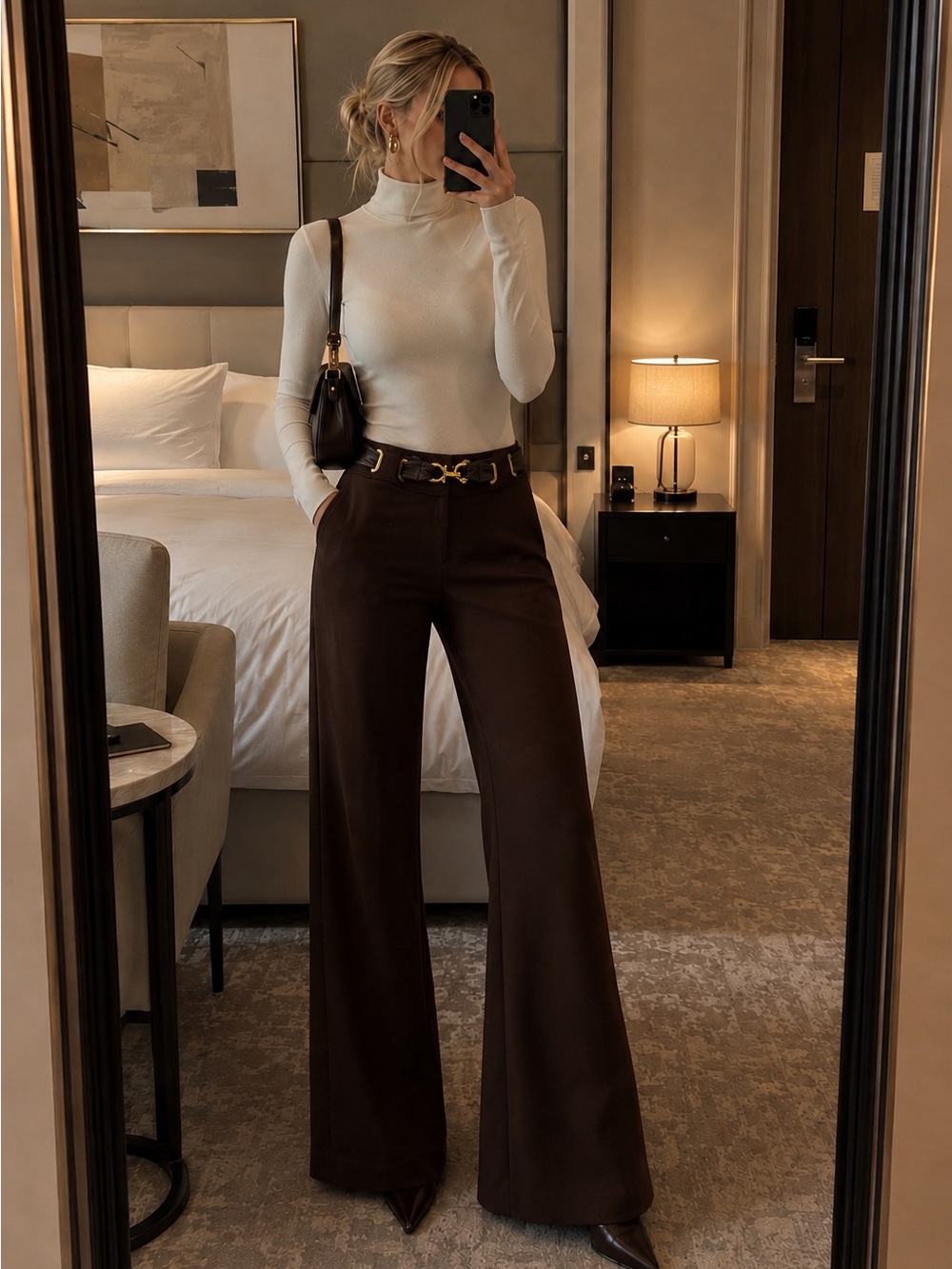 Cache Wide-Leg High-Rise Trousers in Dark Brown